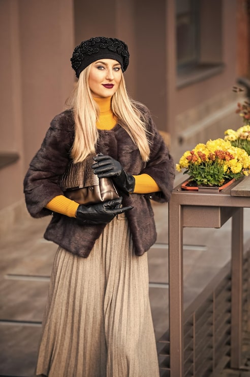 Yellow Turtleneck and Brown Fur Jacket — Paris Winter Outfits