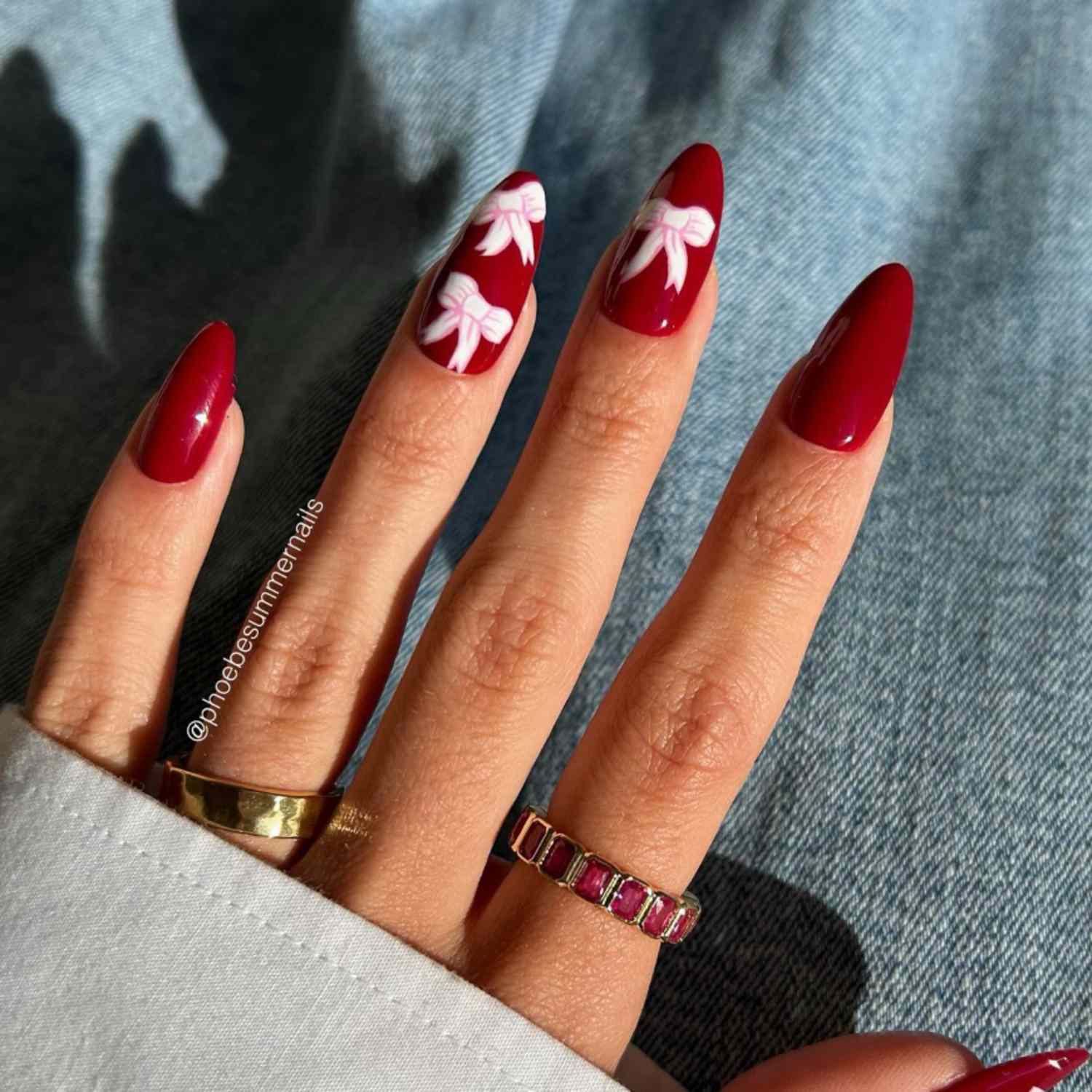 Deep Red Glossy with White Bow Art Deep Red Glossy with White Bow Art β New Years Acrylic Nails 2027