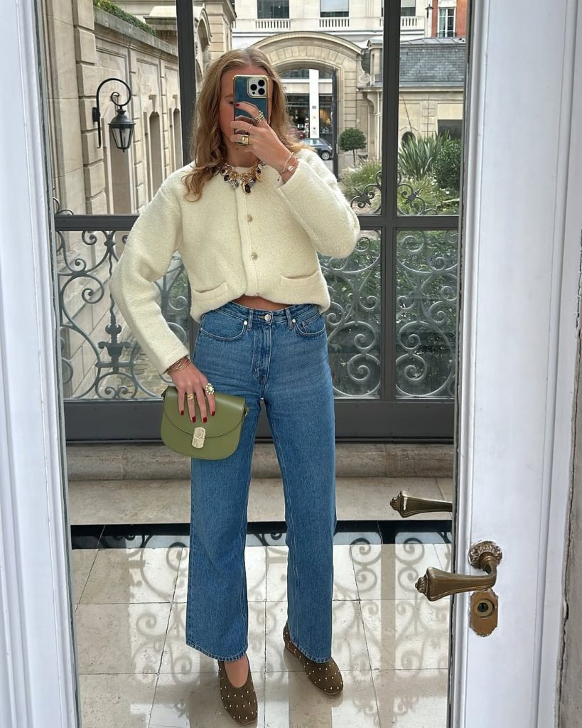 Textured Cream Cardigan with Blue Jeans and Studded Flats — Old Money Winter Outfits