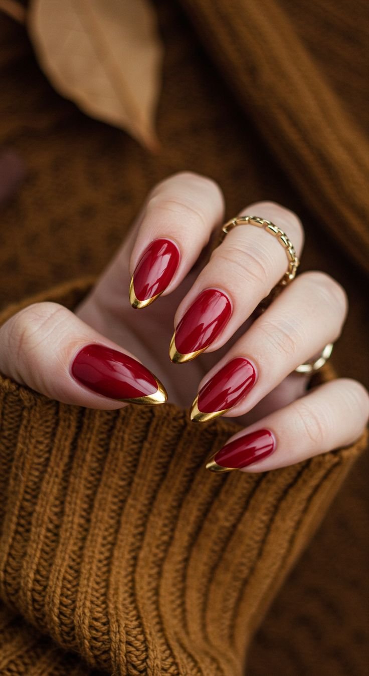 Deep Red with Sharp Gold French Tips Deep Red with Sharp Gold French Tips β Red and Gold Christmas Nails 2026