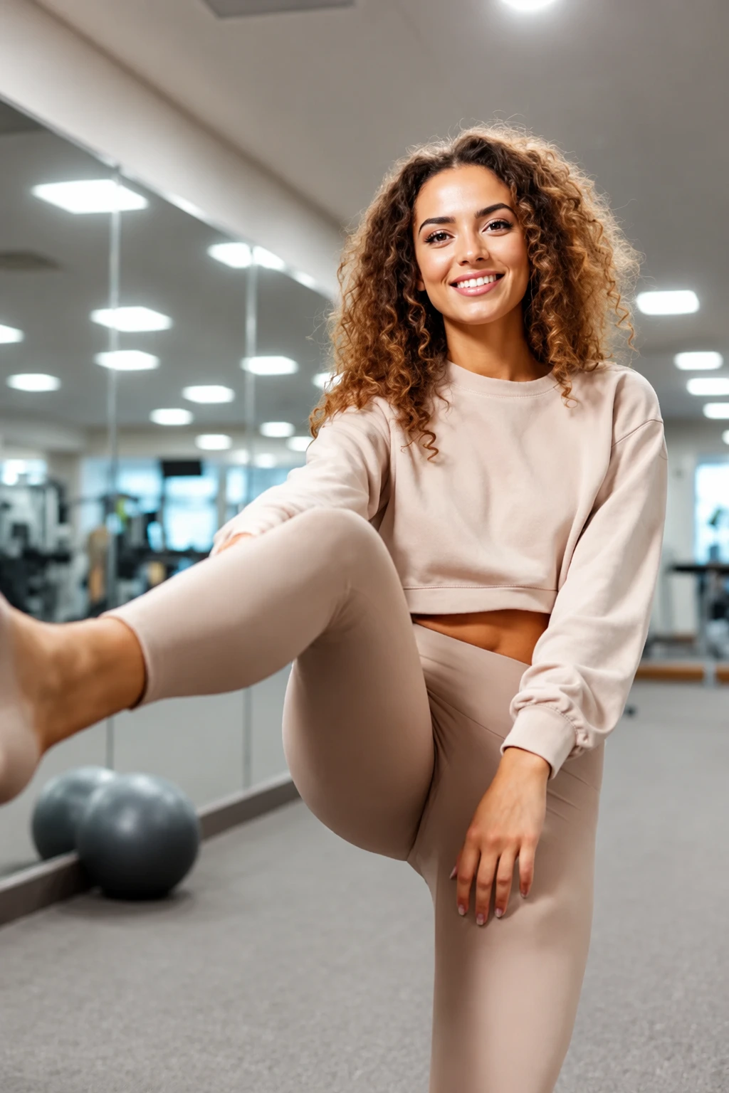 Beige Cropped Sweatshirt for Yoga Practice — Winter Workout Outfits