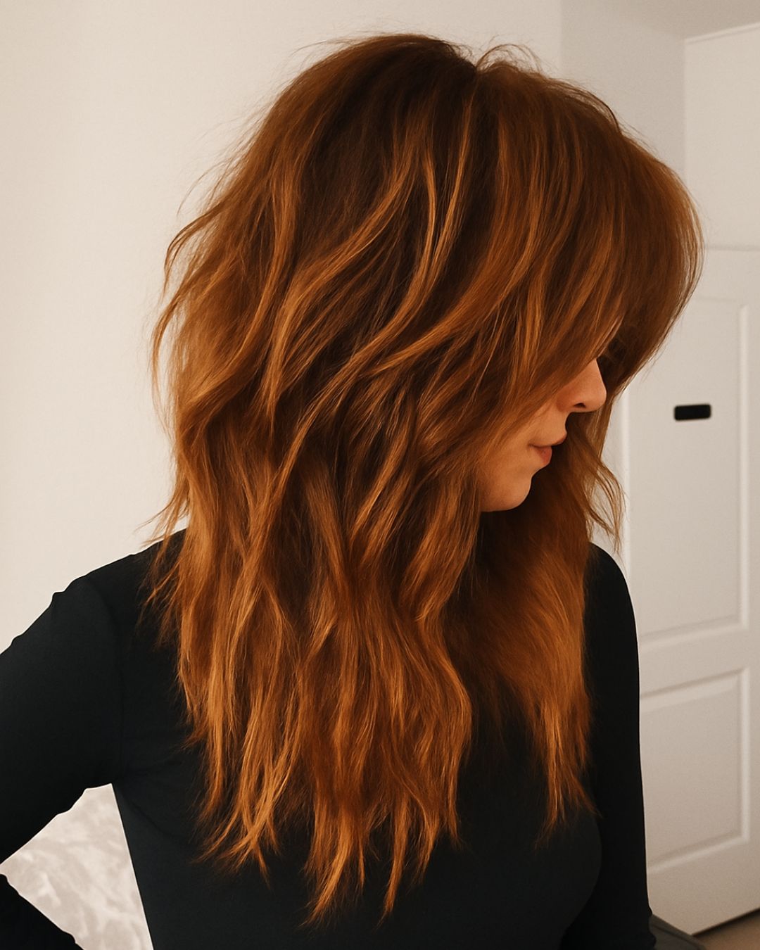 Mid-Back Copper Shag with Curtain Bangs — Winter Haircuts for Wavy Hair
