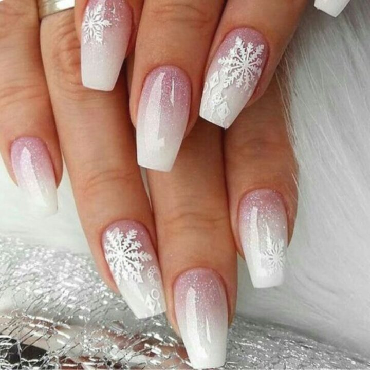 Ombre Coffin Nails with Pink and White Snowflakes Ombre Coffin Nails with Pink and White Snowflakes β Snowflake Nails