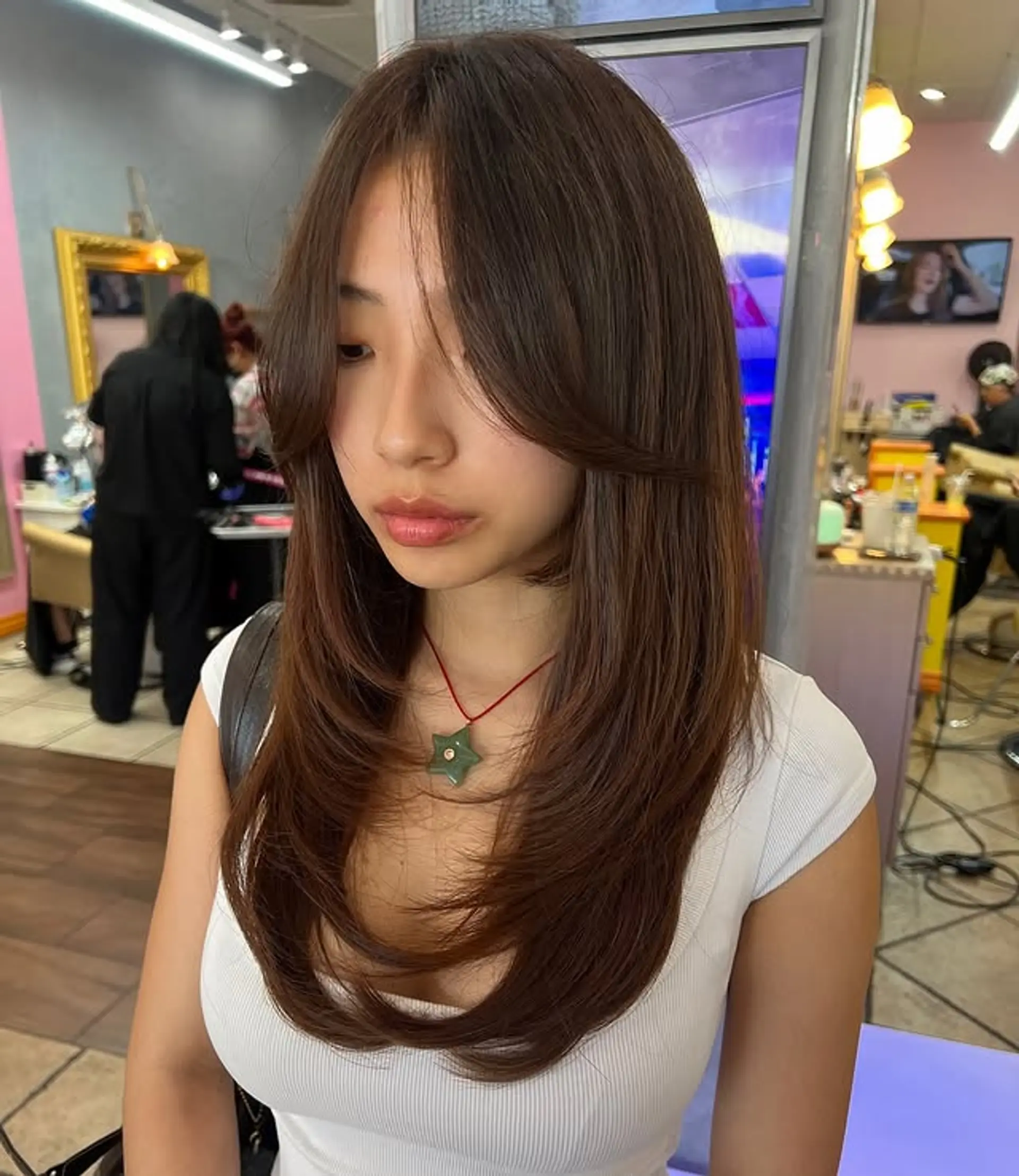 Shoulder Length Dark Brown Layers — Winter Haircuts with Curtain Bangs