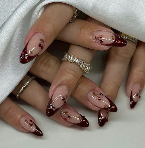 Long Stiletto Burgundy French Tips with Cherries Long Stiletto Burgundy French Tips with Cherries β Burgundy Nails