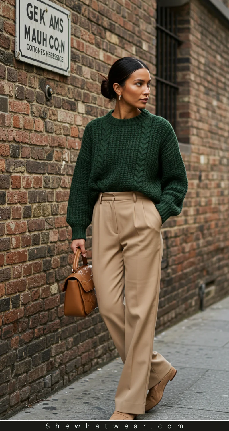 Chic Green Cable-Knit Turtleneck with Wide-Leg Trousers Chic Green Cable-Knit Turtleneck with Wide-Leg Trousers β Turtleneck Outfits