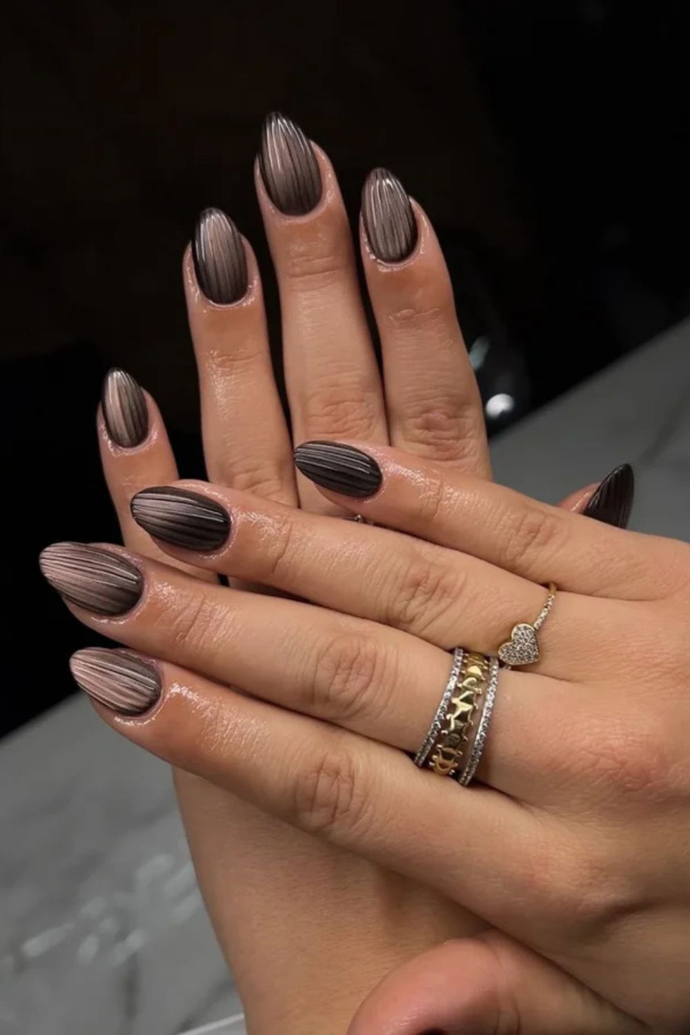 Vertical Ombre Effect With Fine Lines Visual Idea — Medium Length Winter Nails