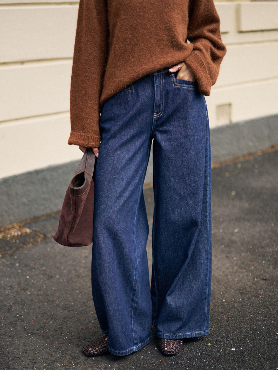 Textural Appeal: Brown Knit and Dark Wash Wide Leg Jeans — Winter Outfits with Wide Leg Jeans