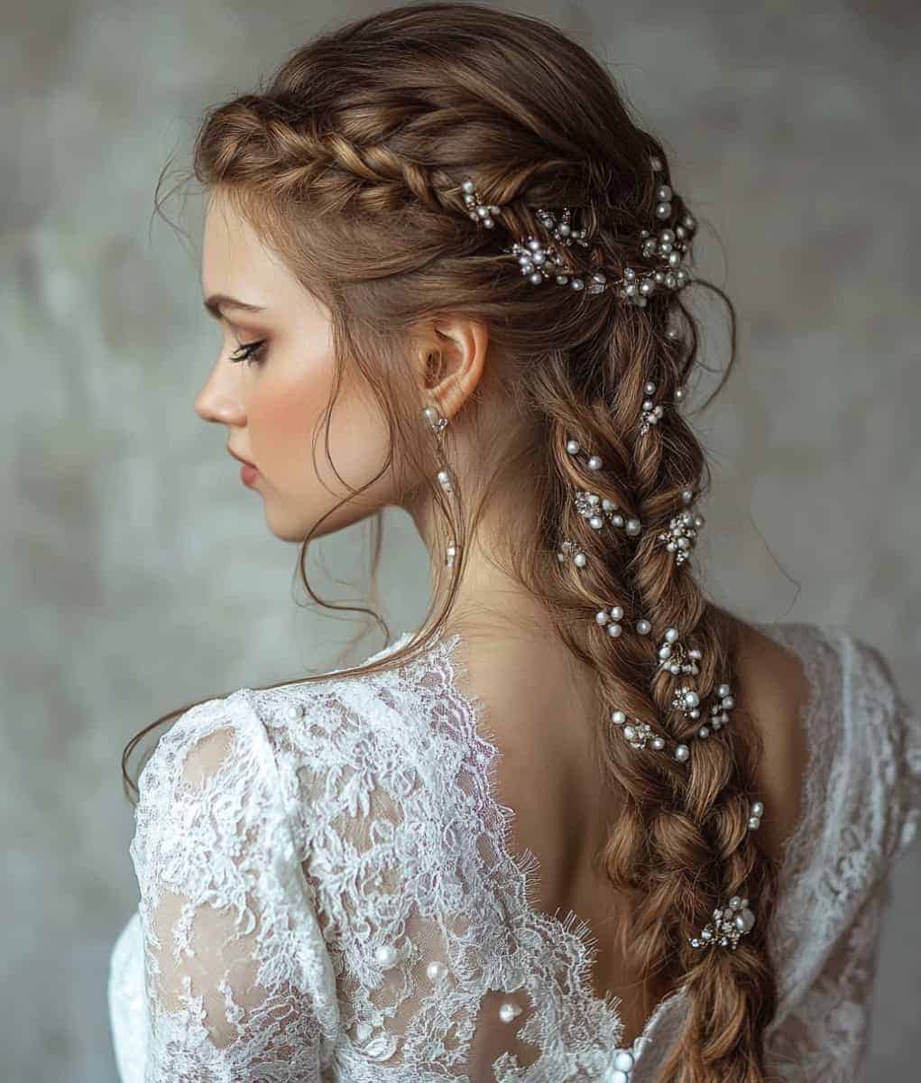 Waterfall Braid Updo with Pearls and Crystals — Winter Wedding Hairstyles
