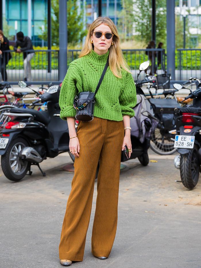 Green Chunky Knit Sweater with Brown Corduroy Pants — Cute Winter Outfits
