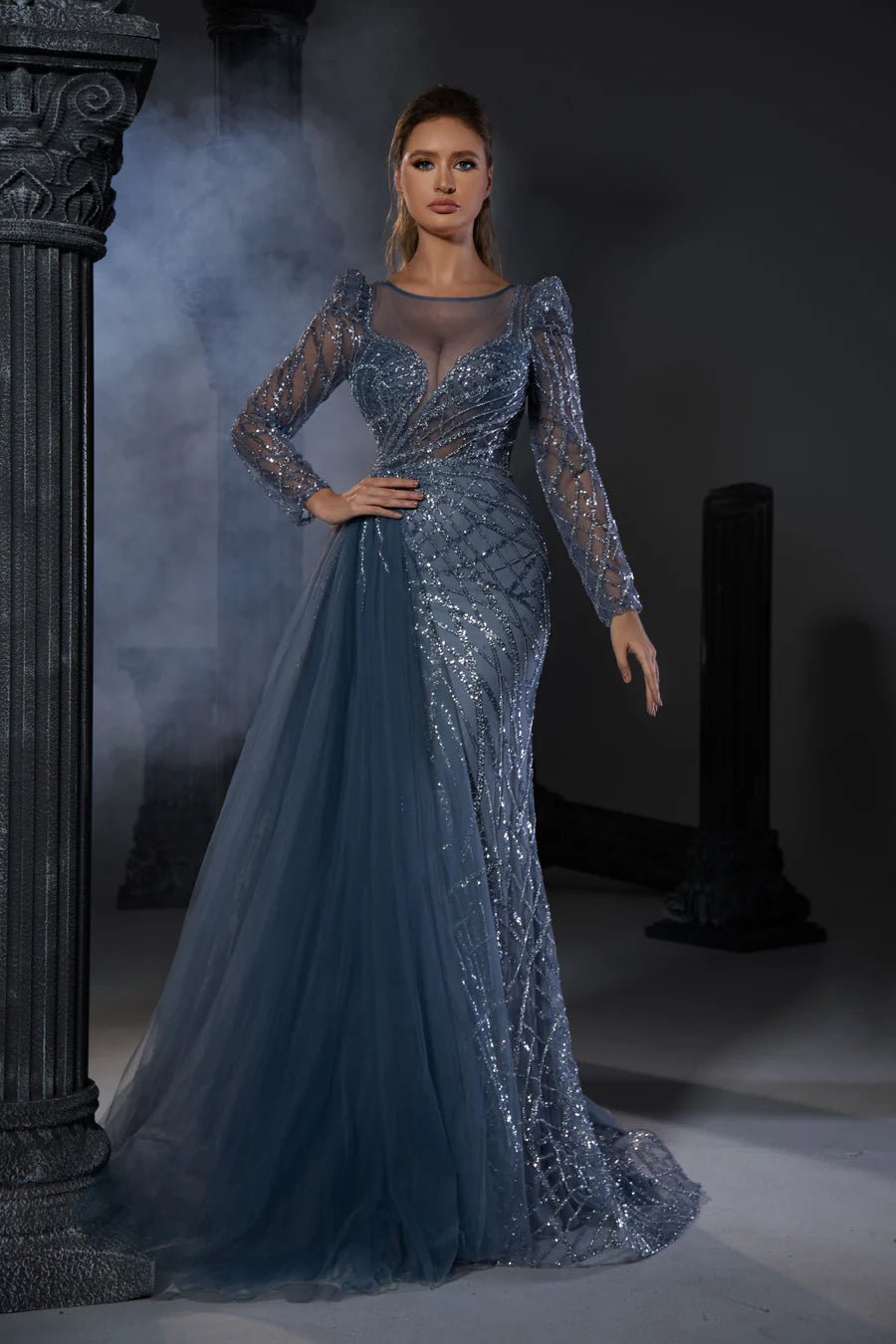 Dusty Blue Sequin Mermaid Gown with Tulle Train — Winter Formal Dresses