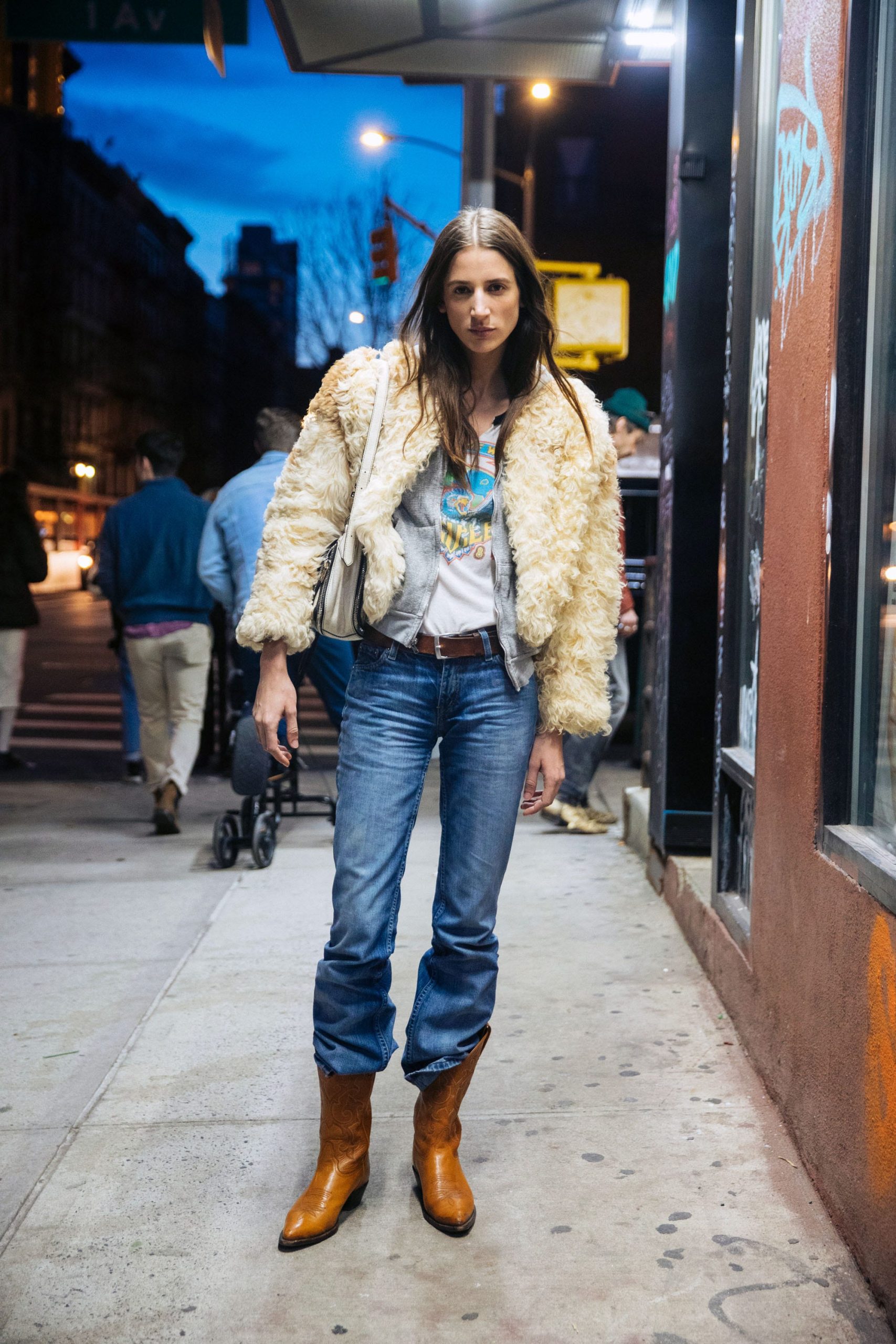 Casual Evening Outfit: Faux Fur Coat, Denim, and Cowboy Boots — Winter Boots Outfits