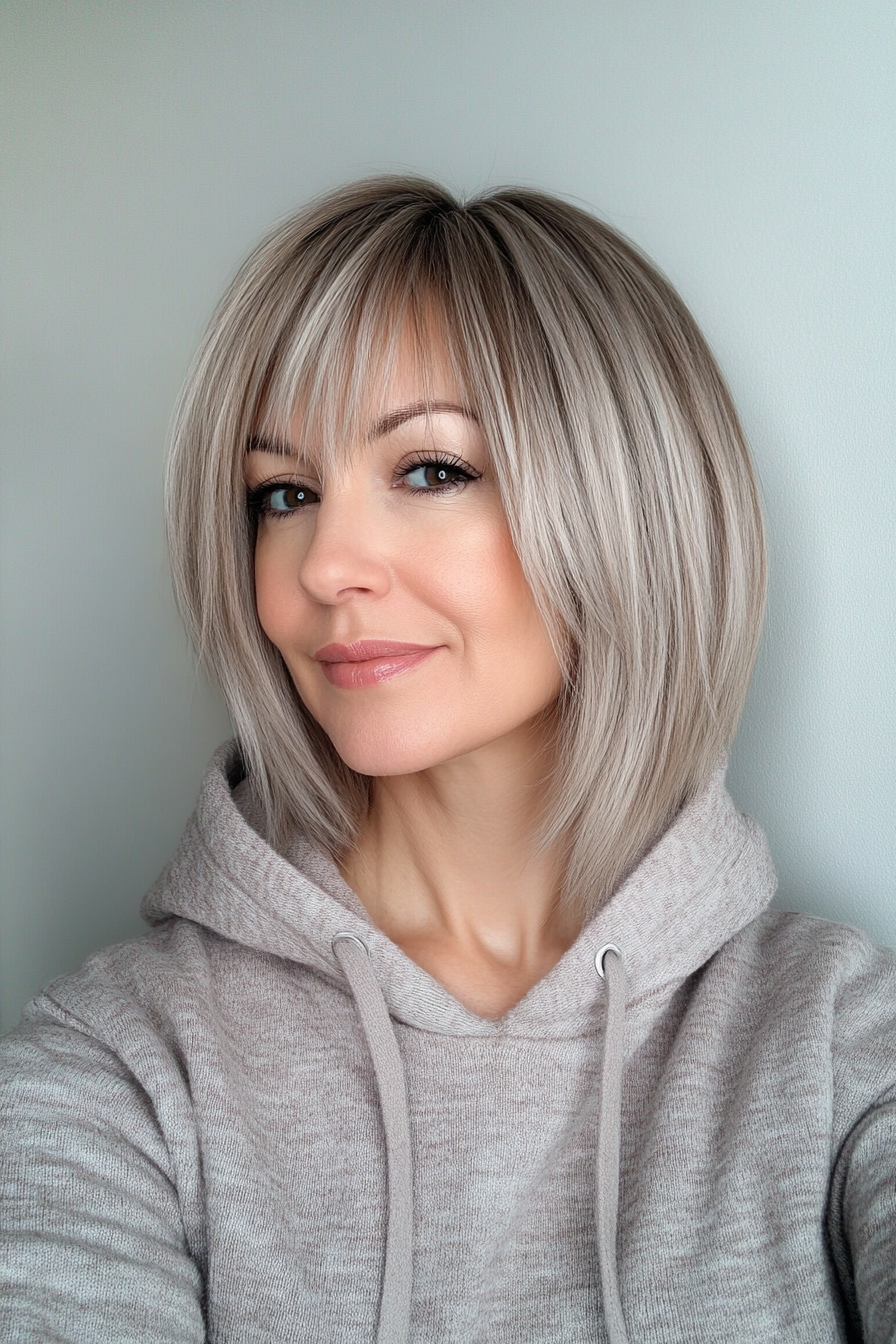 Bob With Blunt Bangs Ash Blonde — Winter Haircuts for Women Over 40