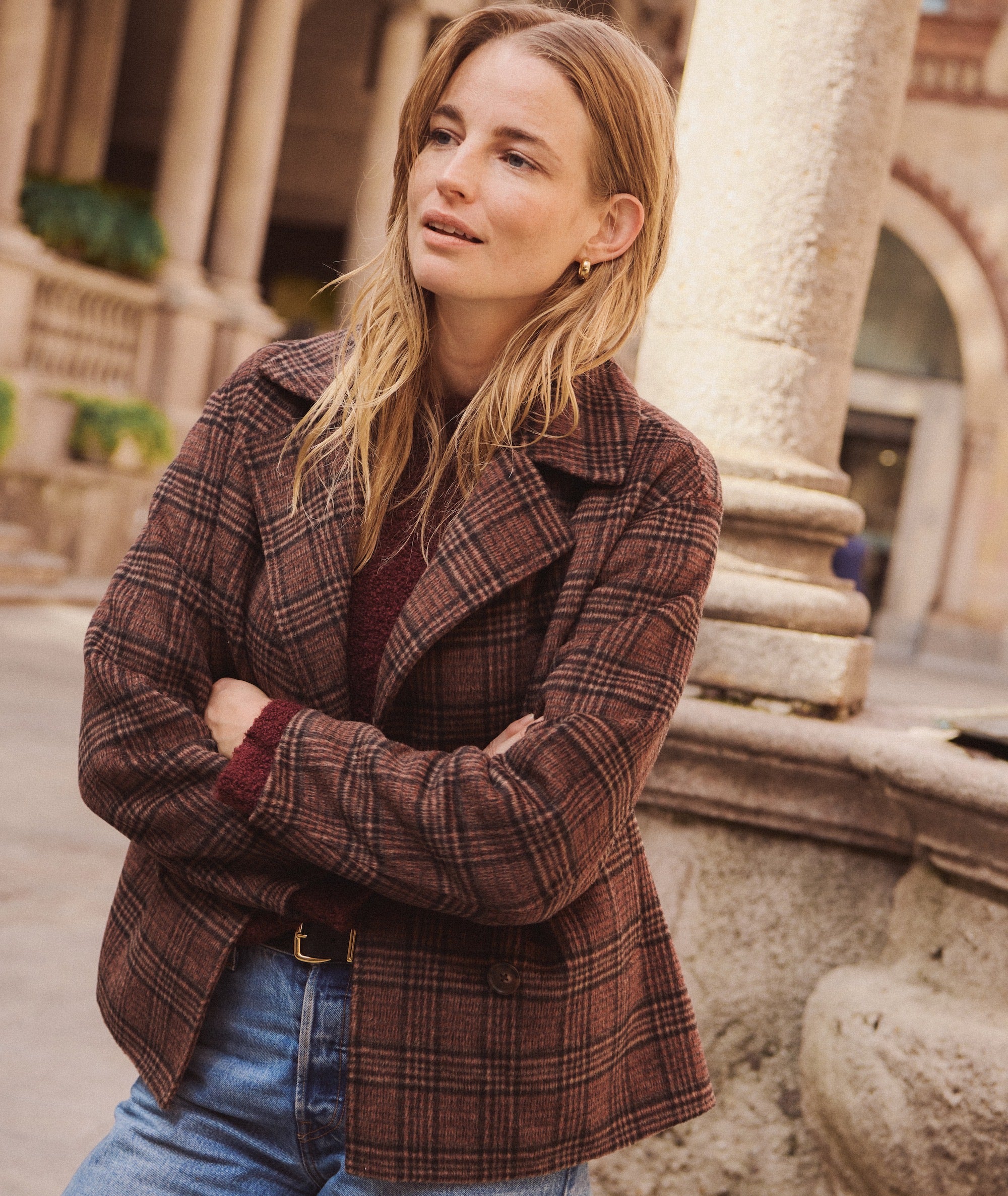 Plaid Peacoat Over a Maroon Sweater and Denim Plaid Peacoat Over a Maroon Sweater and Denim β Peacoat Outfits