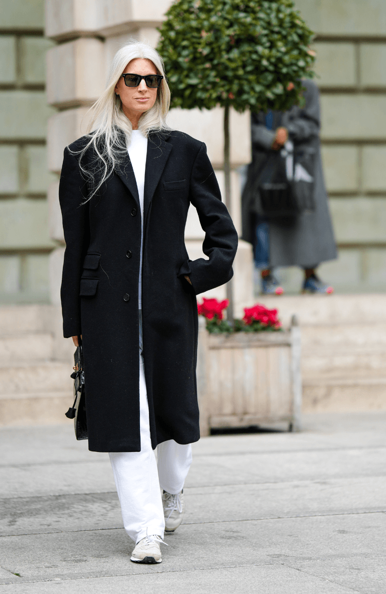 Long Black Coat with White T-shirt and Trousers Long Black Coat with White T-shirt and Trousers β Winter Business Casual Outfits