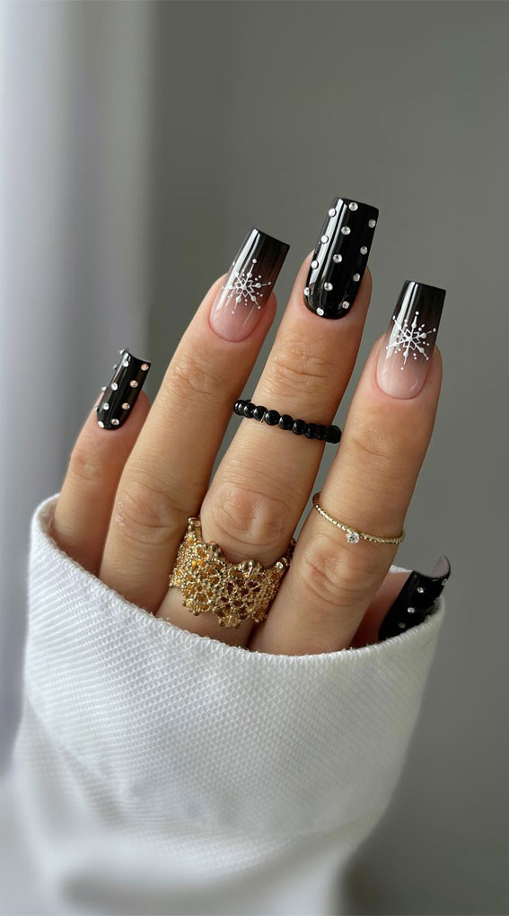 Black to Clear Ombre Snowflake Rhinestone Nails Black to Clear Ombre Snowflake Rhinestone Nails β Winter Birthday Nails