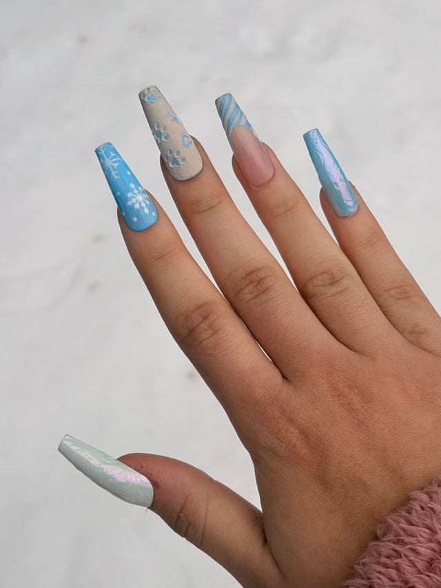 Vibrant Icy Blue Snowflake Swirl Nails — Winter Nail Art