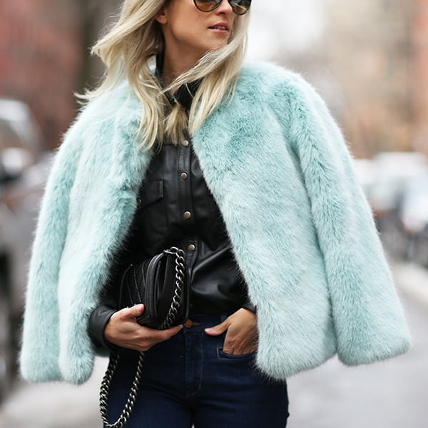 Light Blue Faux Fur Jacket with Jeans — Fur Hat Outfits