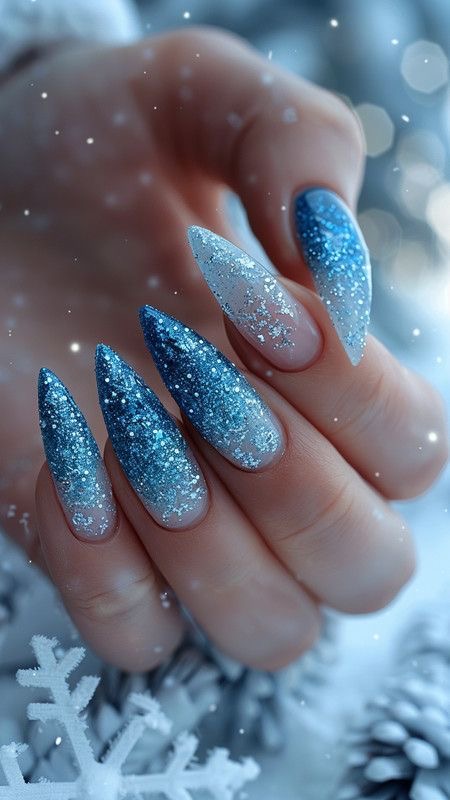 Glossy With Glitter Visual Idea — Winter Ombre Nails