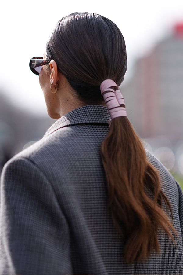 Low Ponytail With Ribbon Wrap — Winter Ponytail Hairstyles