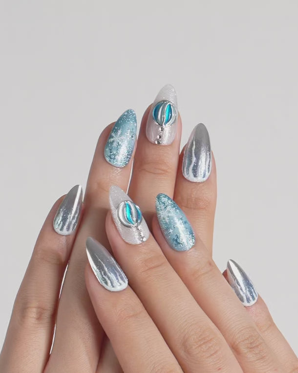 Blue Gradient Silver Chrome 3D Charm Nails Blue Gradient Silver Chrome 3D Charm Nails β Icy Blue Nails