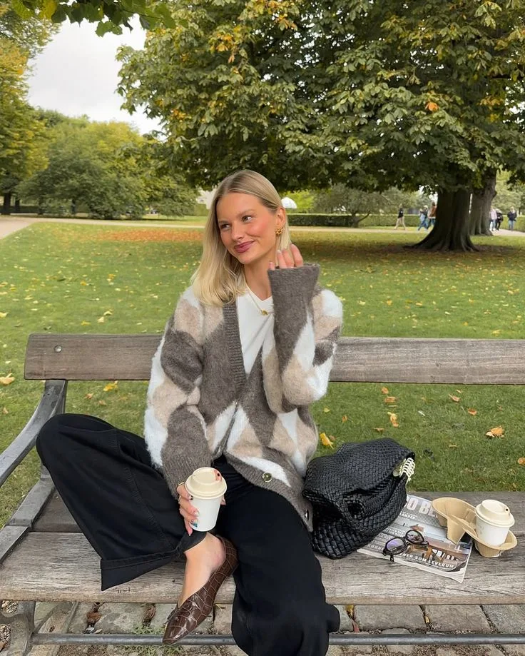 Argyle Knit Cardigan with Wide-Leg Trousers for a Chic Brunch Argyle Knit Cardigan with Wide-Leg Trousers for a Chic Brunch β Winter Brunch Outfits