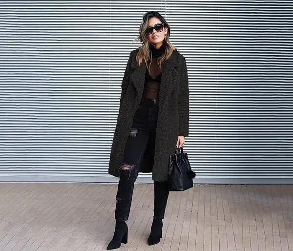 Dark Teddy Coat Layered Over Ripped Denim Dark Teddy Coat Layered Over Ripped Denim β Teddy Coat Outfits