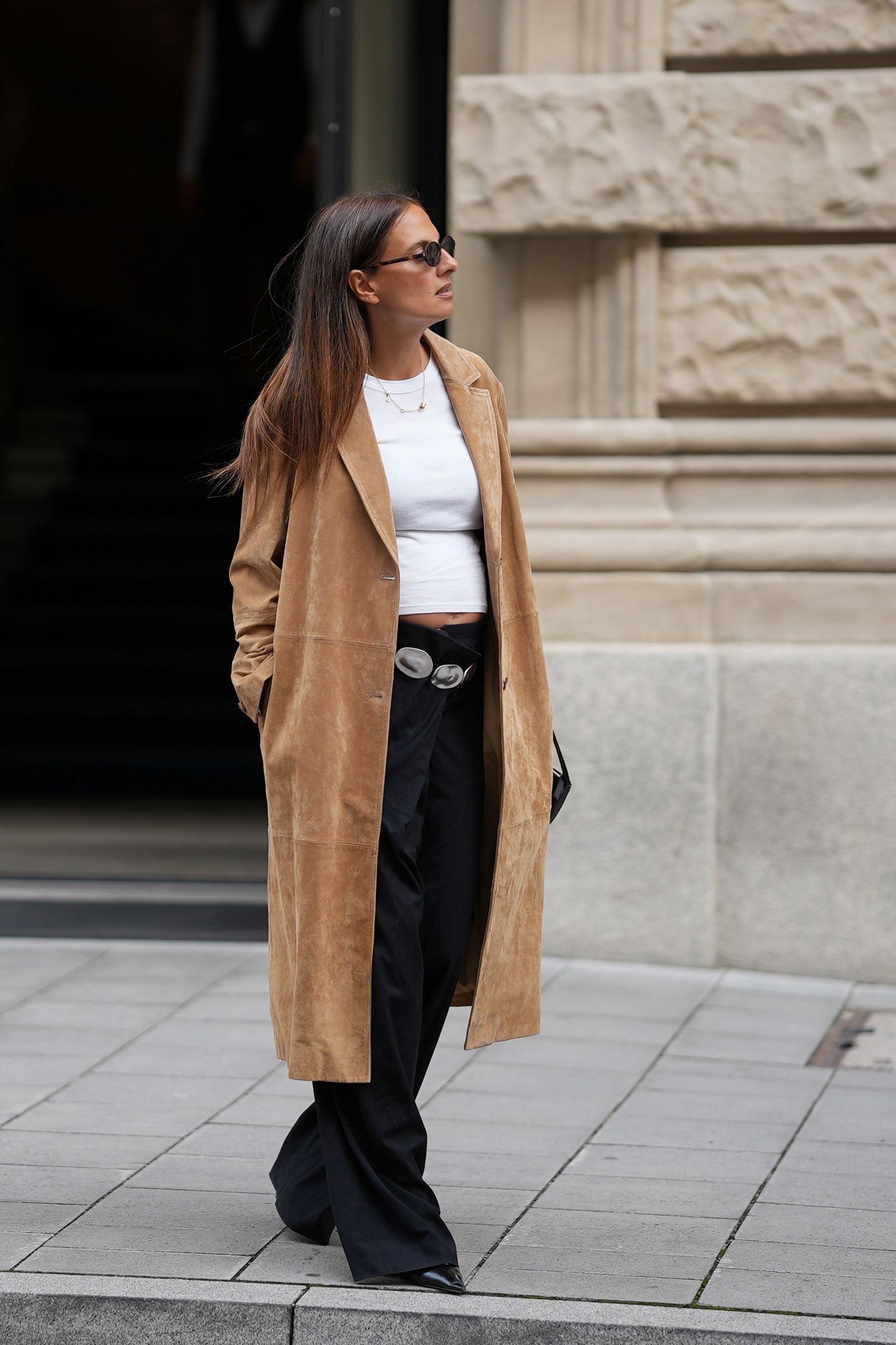 Flowing Brown Suede Coat with Crop Top — Brown Coat Outfits