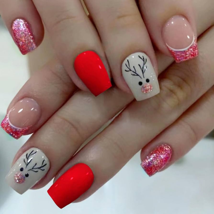 Beige Reindeer Face Glitter French Nails Beige Reindeer Face Glitter French Nails β Easy Christmas Nails 2026