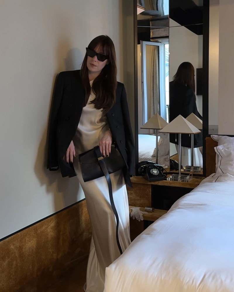 White Satin Slip Dress with a Draped Black Blazer White Satin Slip Dress with a Draped Black Blazer β Winter Date Night Outfits