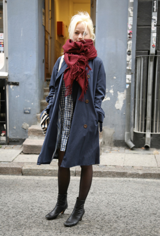 Navy Trench Coat with Plaid Shirt Dress and Red Scarf Navy Trench Coat with Plaid Shirt Dress and Red Scarf β Scandinavian Winter Outfits