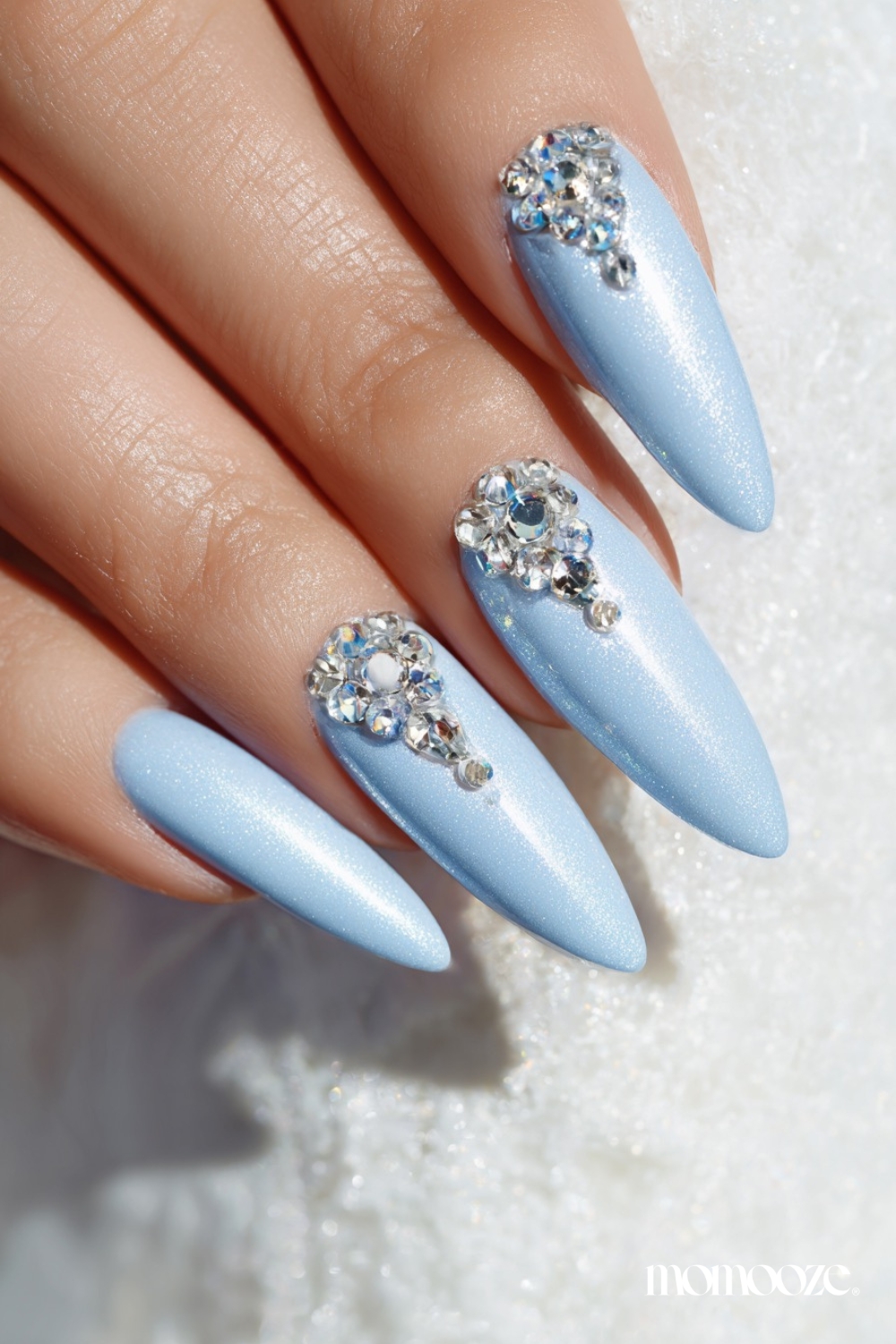 Long Stiletto Light Blue Rhinestone Clusters — Winter Nail Designs