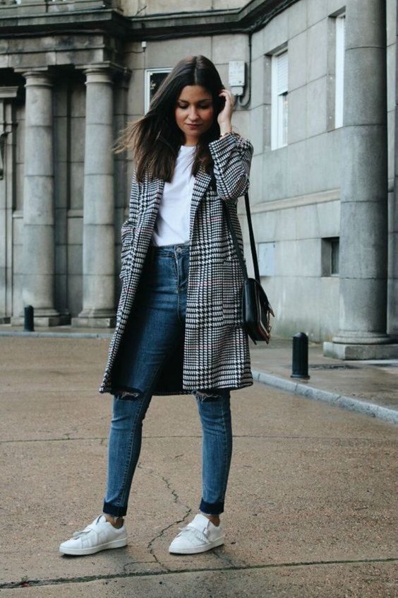 Houndstooth Coat with Ripped Jeans for Edgy College Style — Winter College Outfits