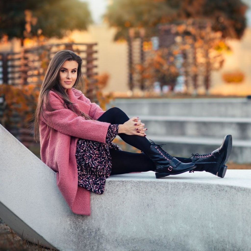 Textured Coat Contrast: Lace-Up Boots with Patterned Dress Textured Coat Contrast: Lace-Up Boots with Patterned Dress β Black Boots Outfits