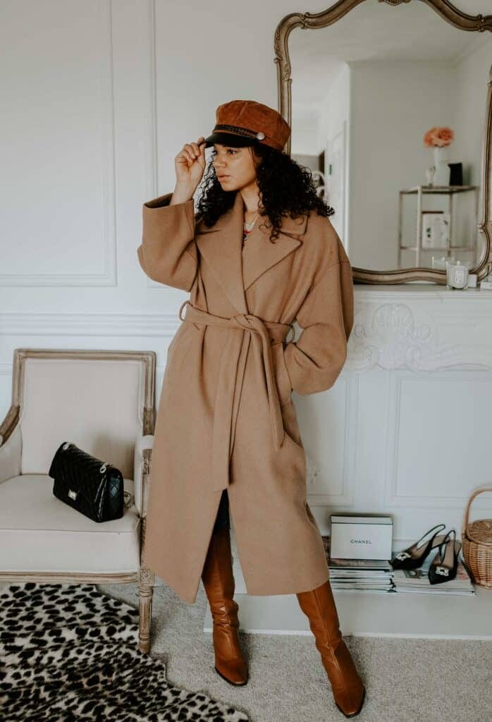 Camel Wrap Coat With Knee-High Brown Leather Boots — Camel Coat Outfits