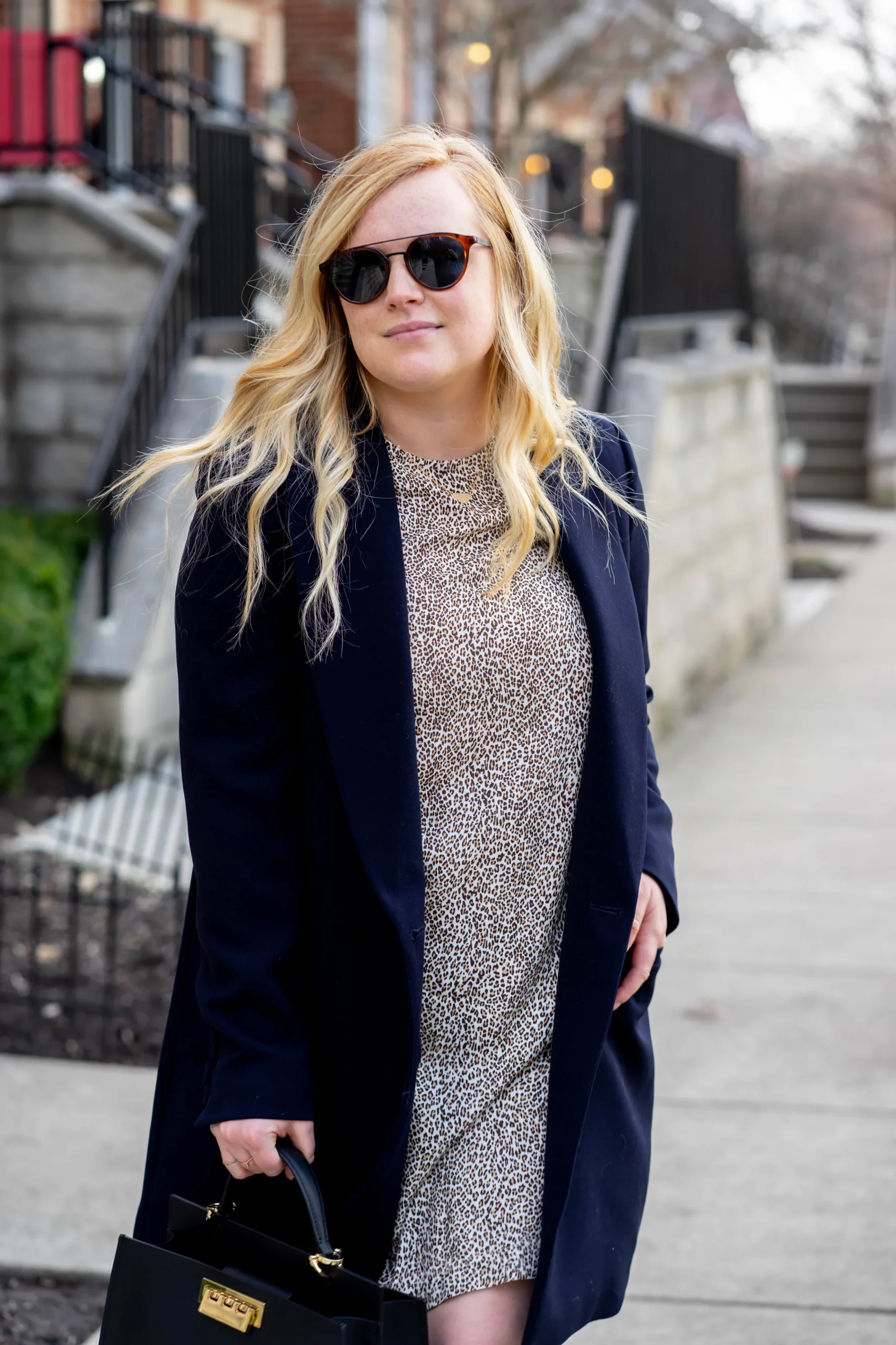 Navy Coat Layered Over A Leopard Print Dress Navy Coat Layered Over A Leopard Print Dress β Leopard Coat Outfits
