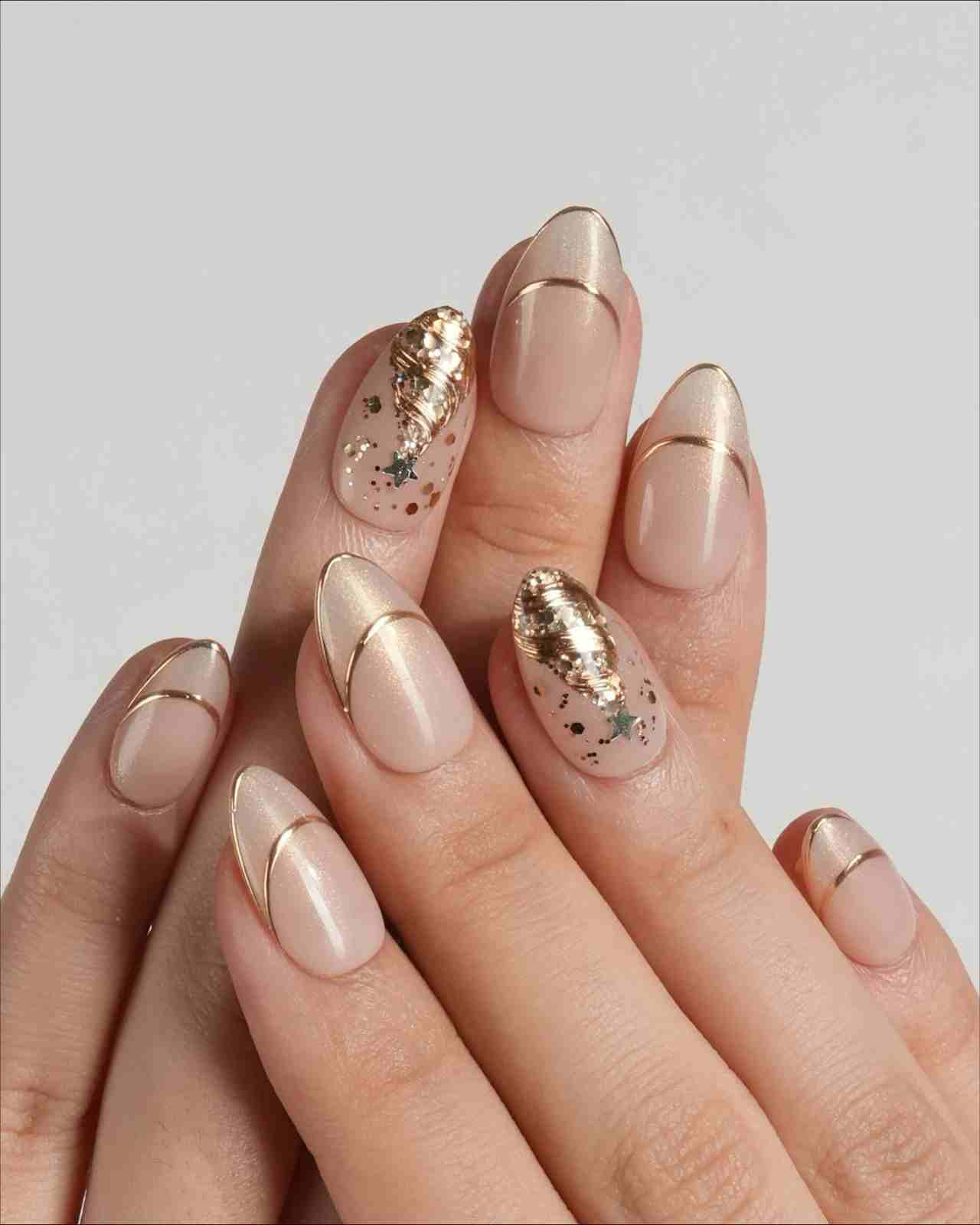 Sheer Nude Pearlescent Gold Accent Almond — Winter Champagne Nails