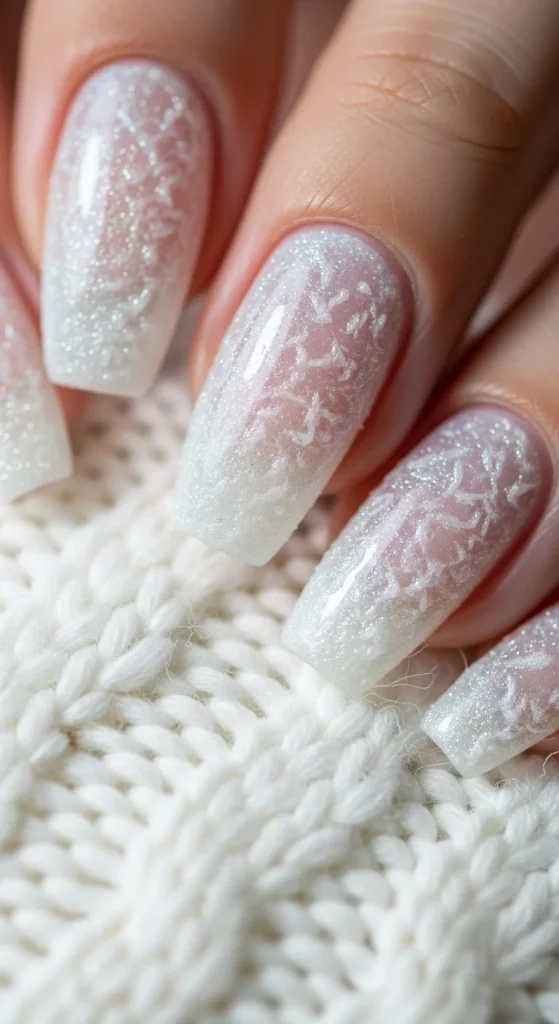 White Snowflake Ombre Glitter Coffin Nails — Winter Acrylic Nail Colors