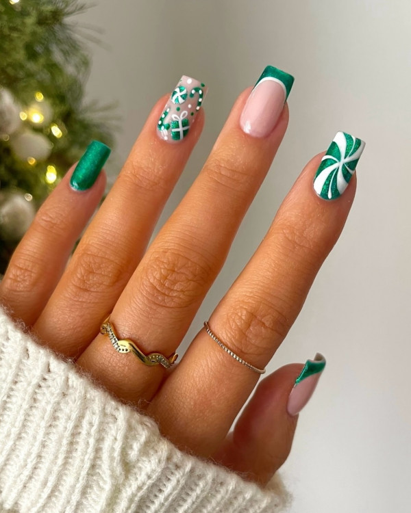 Green French Peppermint Swirl Candy Cane Nails Green French Peppermint Swirl Candy Cane Nails β Medium Christmas Nails 2026