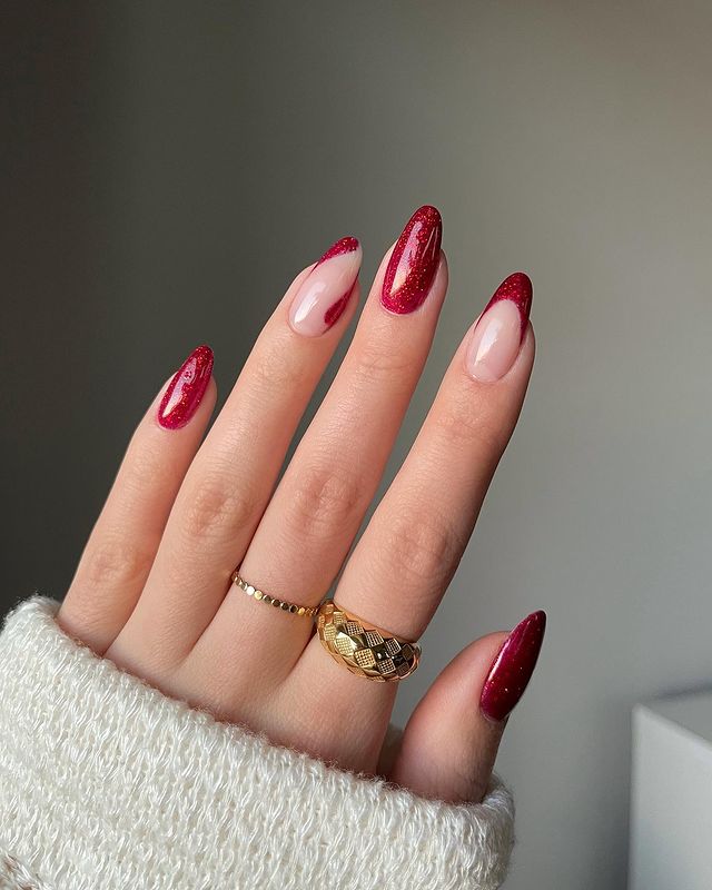 Long Almond Red Glitter French Tips Long Almond Red Glitter French Tips β Sparkly New Years Nails 2027