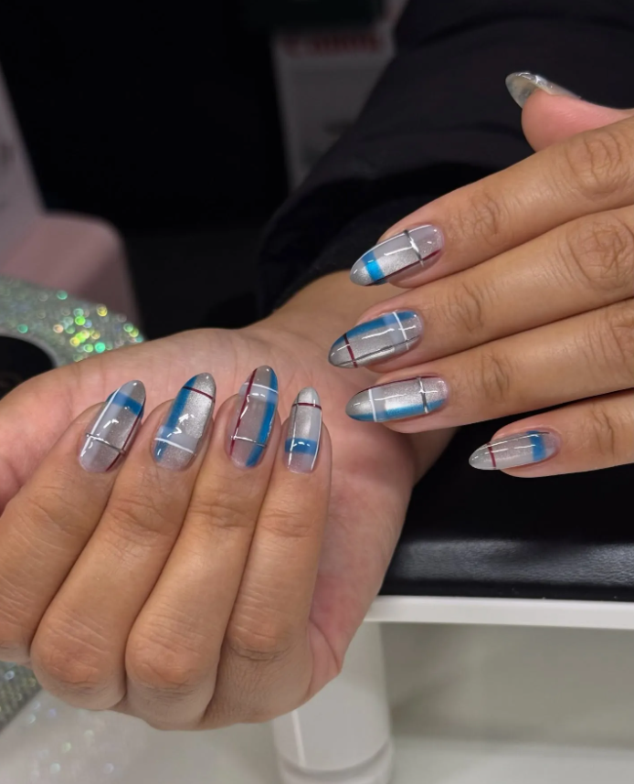 Intricate Blue Red Plaid Design Intricate Blue Red Plaid Design β Long Winter Nails