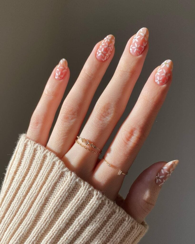 White Floral Pattern Visual Idea — Winter to Spring Transition Nails