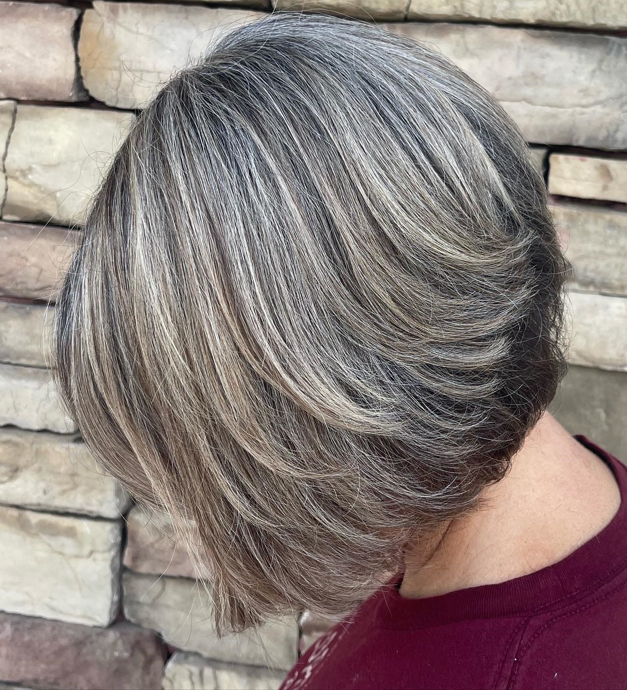 Layered Bob With Gray and Blonde Blend Layered Bob With Gray and Blonde Blend β Gray Blending Highlights