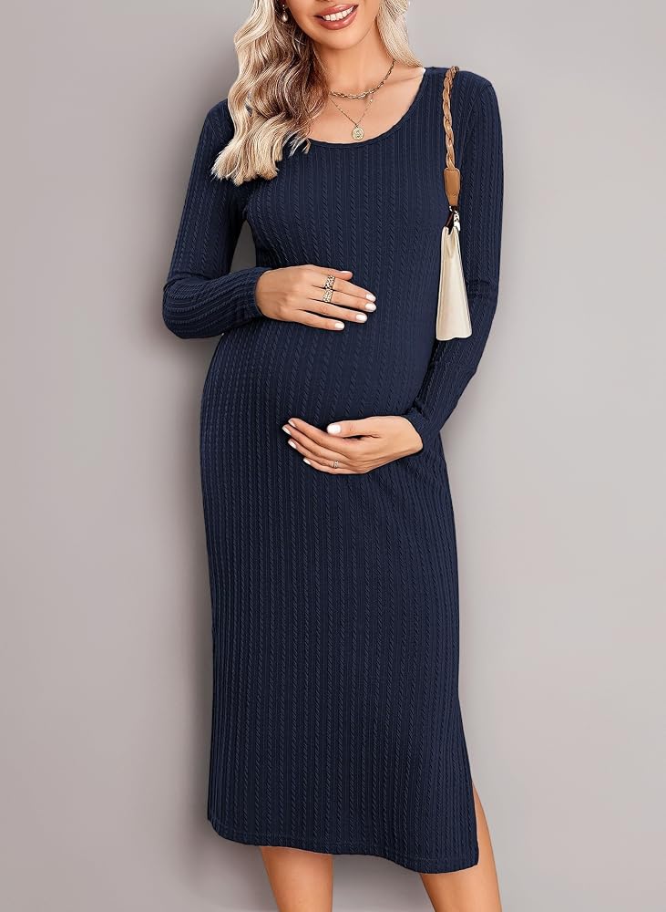 Fitted Dark Blue Ribbed Knit Dress Fitted Dark Blue Ribbed Knit Dress β Winter Maternity Outfits