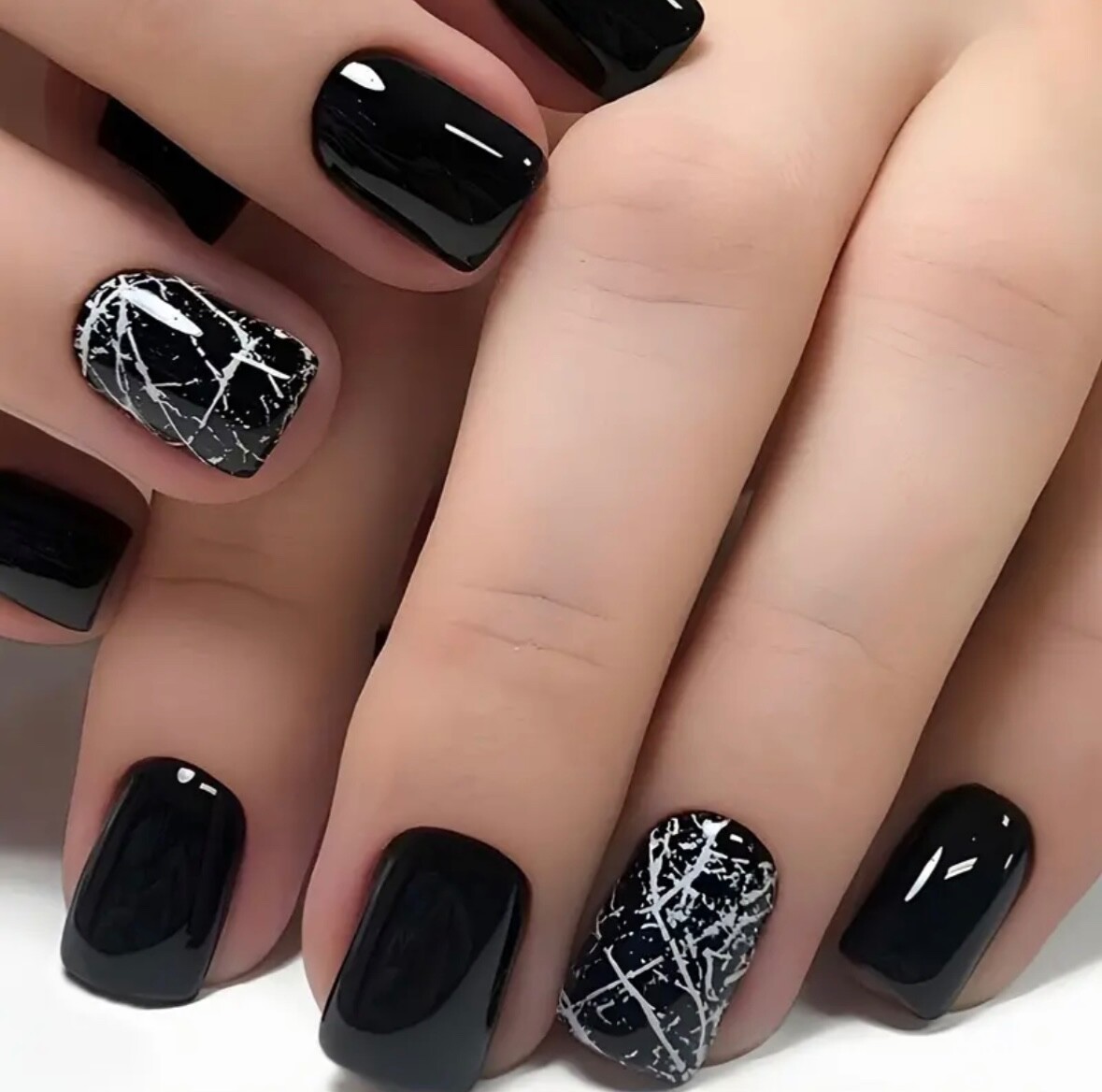Black Crackle Marble on Short Square Nails — Winter Marble Nails