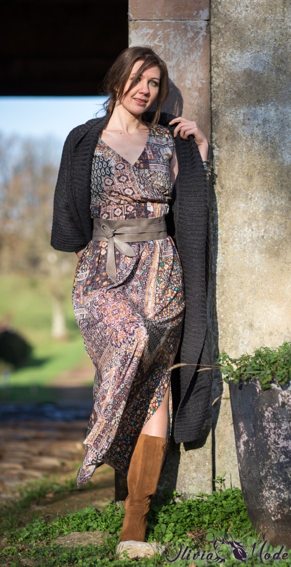 Printed Boho Maxi Dress with Chunky Knit Cardigan and Belt — Boho Winter Outfits