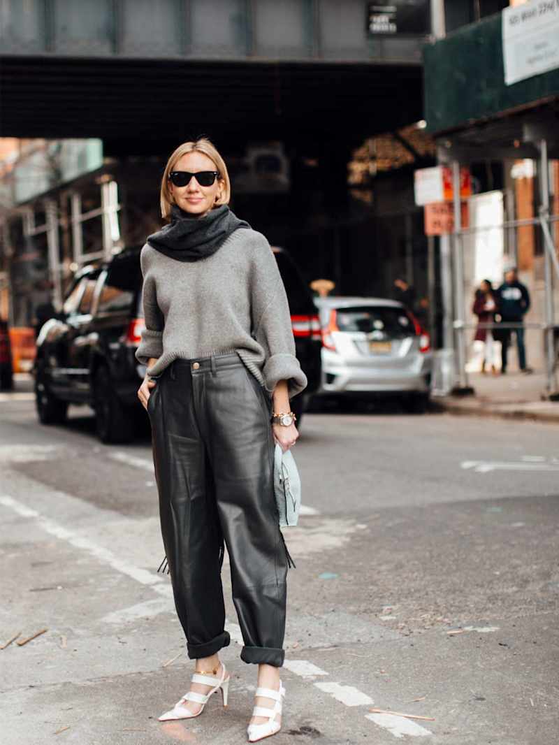 Relaxed Fit Leather Pants with Grey Turtleneck and Pointed Heels — Leather Pants Outfits