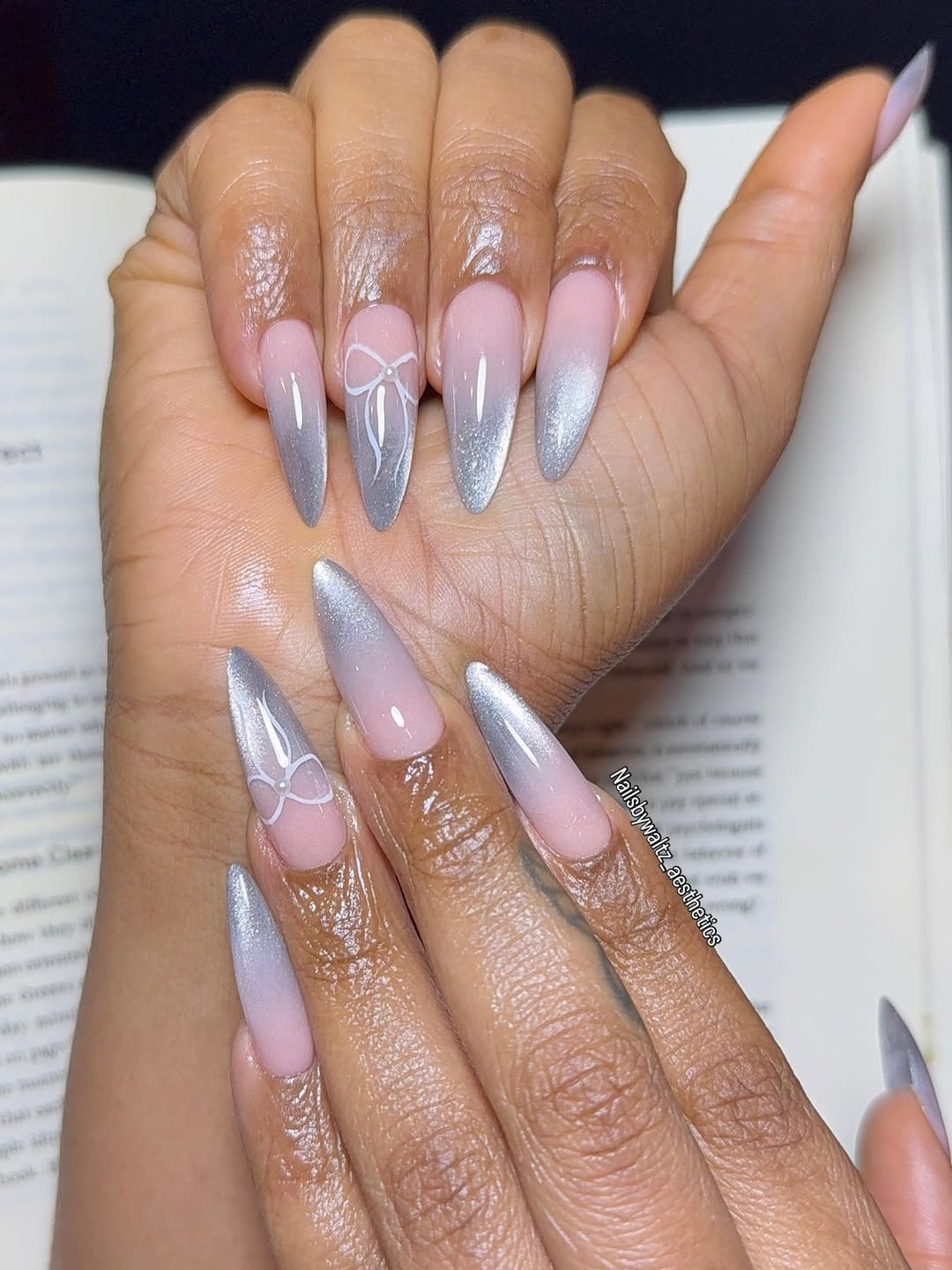 Gradient Pink Silver Stiletto Nails — Winter Nail Art