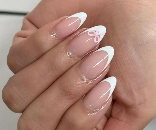 Sheer Pink French with Light Pink Bow Sheer Pink French with Light Pink Bow β Coquette Winter Nails