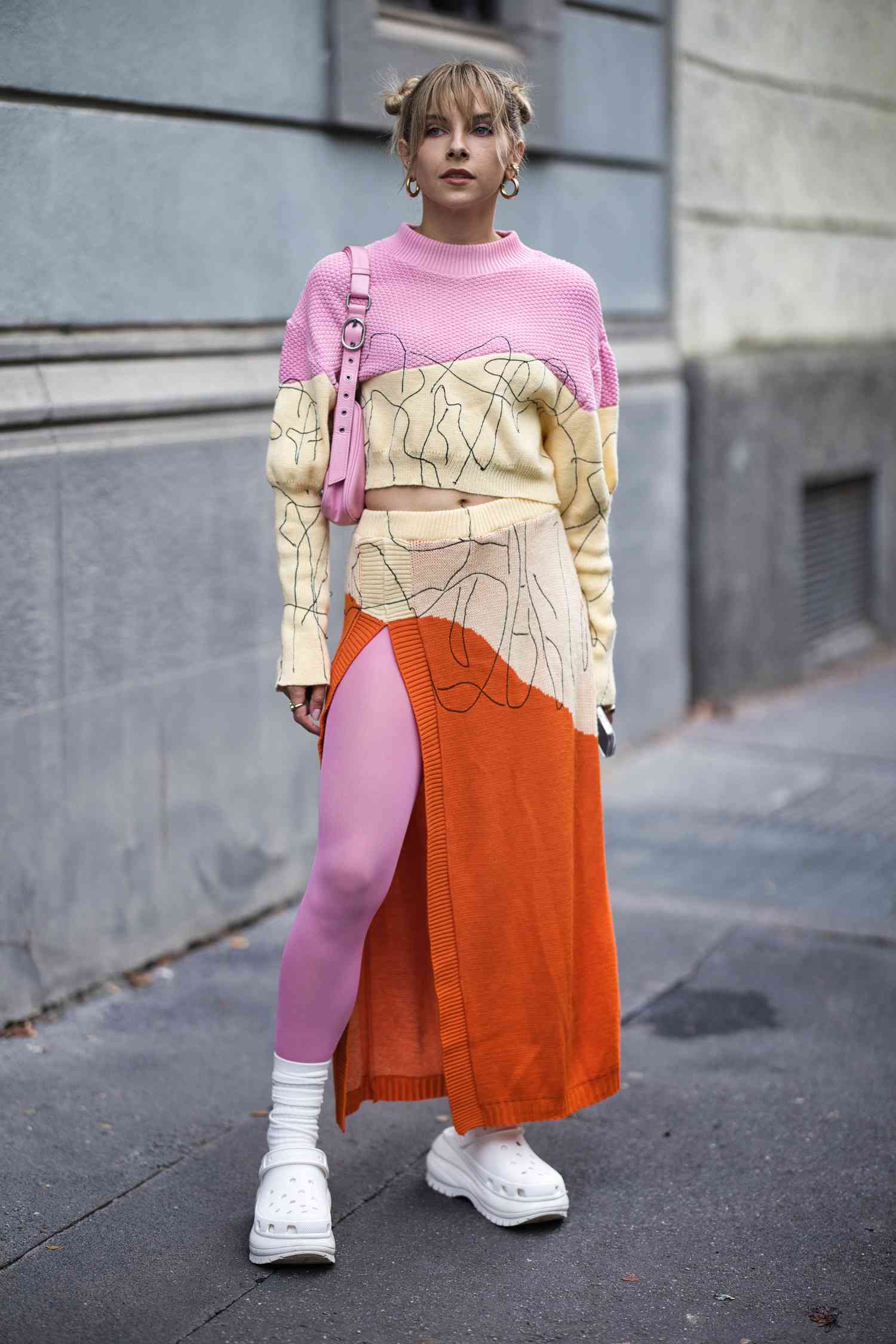 Colorblock Knit Skirt with Thigh-High Slit — Winter Going Out Outfits